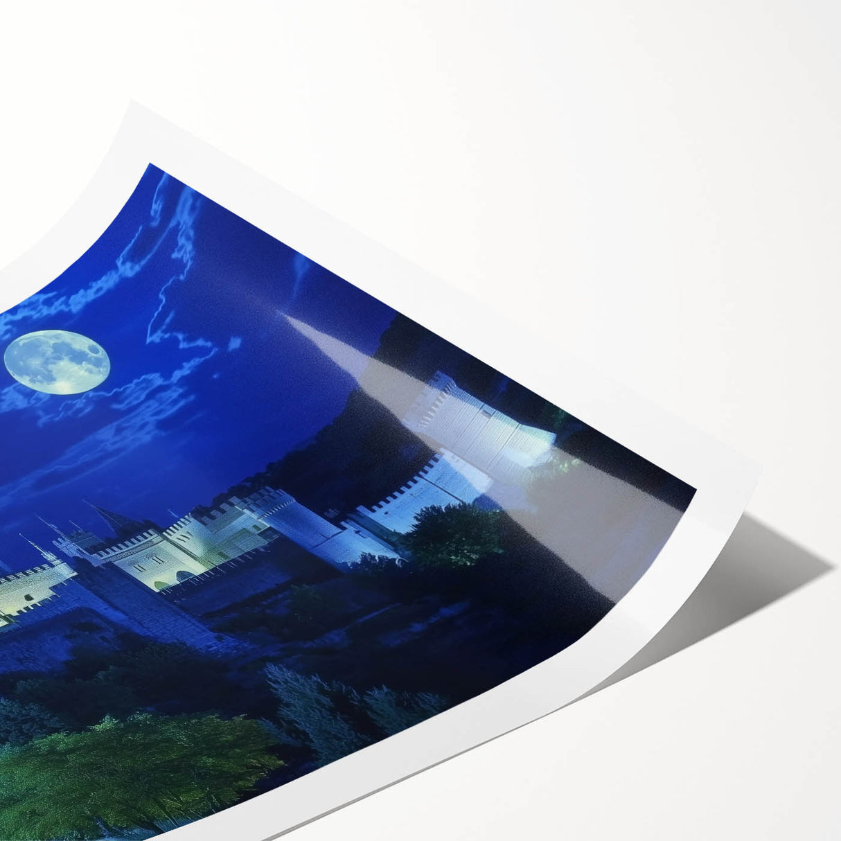 Landscape artwork featuring a majestic castle surrounded by lush greenery, printed on high-quality canvas and rolled for easy display. Ideal for home decor enthusiasts and art lovers seeking a captivating focal point.