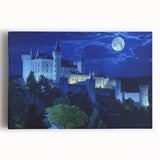 Stretched canvas artwork depicting a vibrant landscape with an ornate castle surrounded by lush greenery and a bright blue sky, perfect for home decor.
