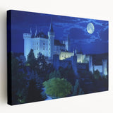 Stretched canvas artwork showcasing a stunning landscape with a medieval castle set against a vibrant sunset, perfect for home or office decor. The rich colors and intricate details create a captivating focal point that enhances any interior space.