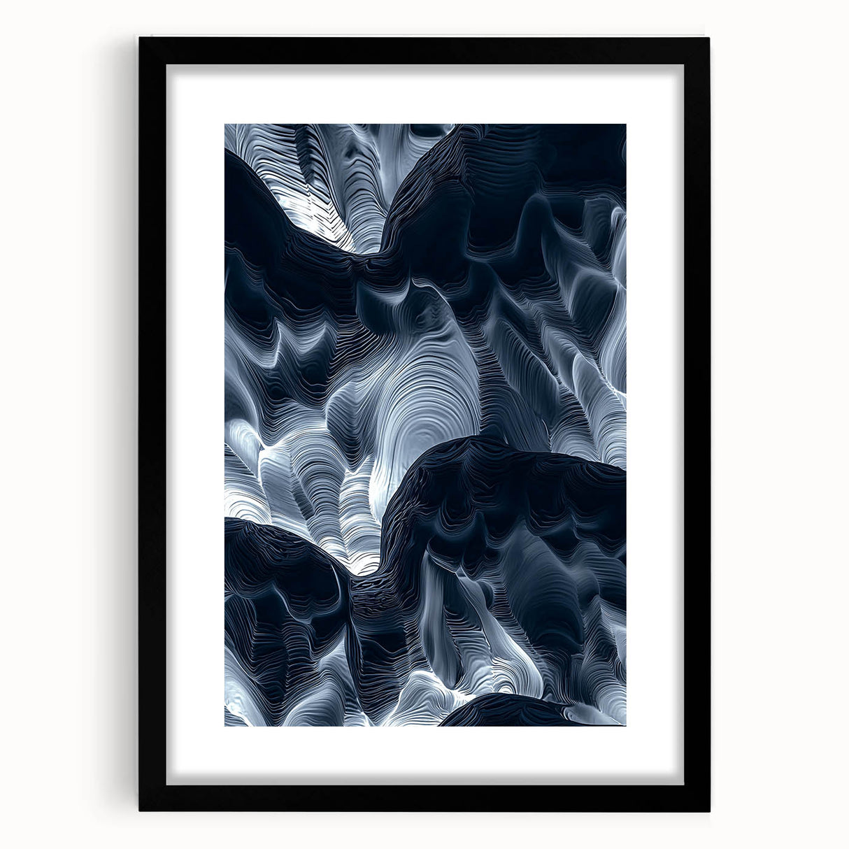 Framed black landscape cave artwork with matting, showcasing intricate details and textures, perfect for modern home decor. Ideal for art enthusiasts and collectors.