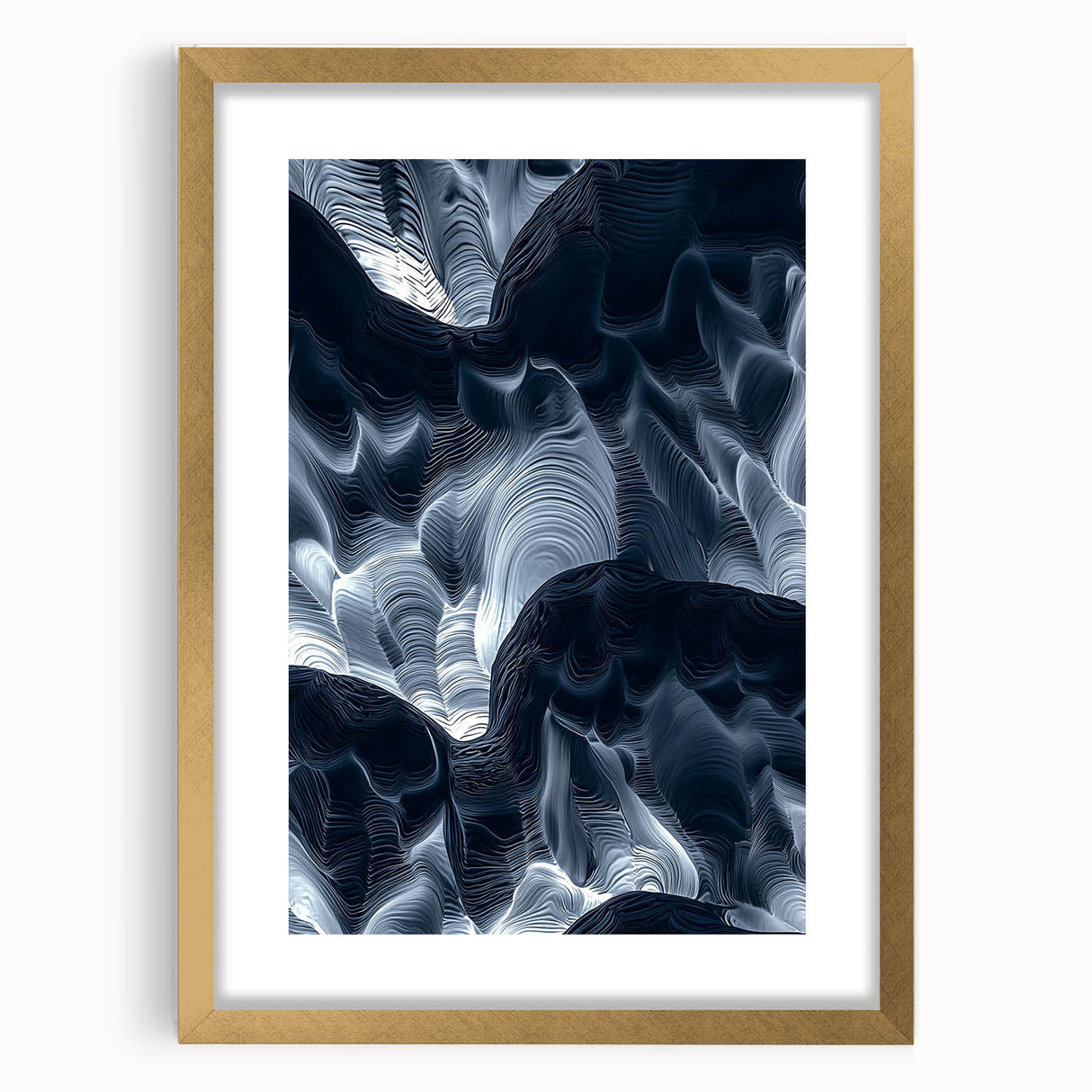 Framed landscape artwork depicting a serene cave scene with gold accents, elegantly matted for a sophisticated display in home decor. This piece enhances any room's aesthetic.