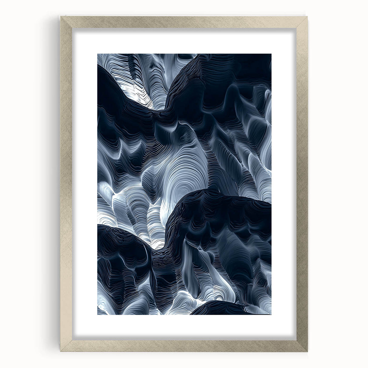 Framed landscape artwork depicting a serene cave scene, featuring a silver mat and elegant frame, perfect for modern home decor. Ideal for adding tranquility to any space.