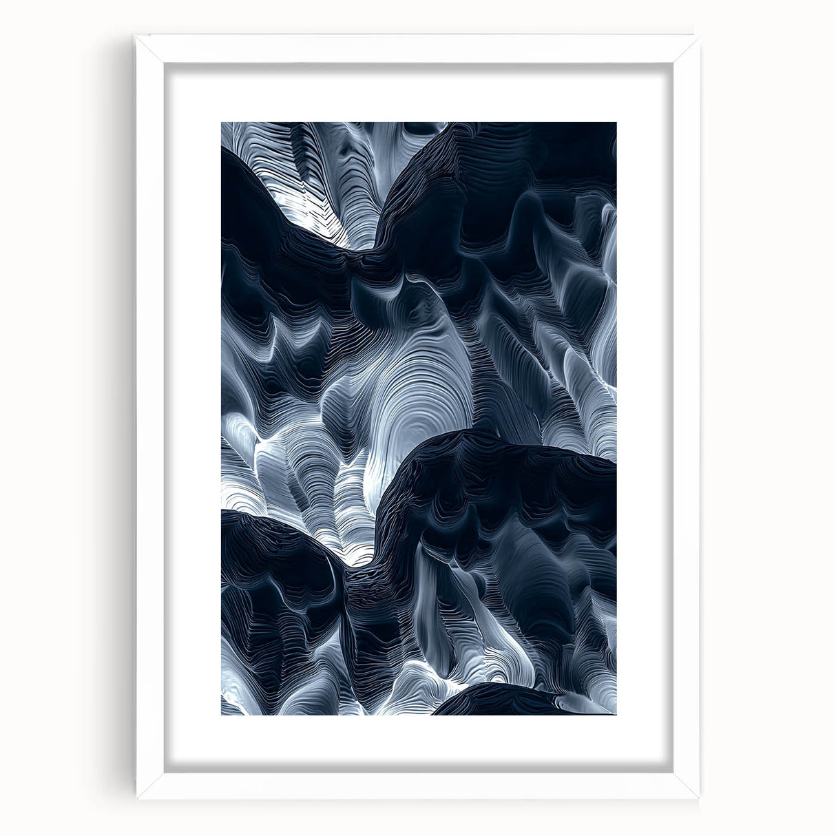 Framed landscape artwork showcasing a cave scene, featuring earthy tones and intricate details, with a white mat for added elegance, perfect for home decor.