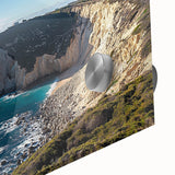 Close-up of a vibrant acrylic landscape painting depicting dramatic cliffs with rich colors and intricate textures, ideal for modern home decor and art enthusiasts.