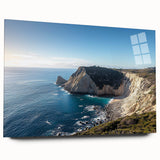 Acrylic landscape artwork showcasing dramatic cliffs and serene ocean views, displayed in a sleek glass frame that enhances its vibrant colors and depth.