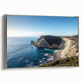 Framed canvas artwork depicting scenic cliffs in vibrant colors with a silver frame, showcasing stunning landscapes for home décor. Perfect for nature lovers.