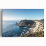 Vibrant stretched canvas artwork showcasing dramatic cliffs and lush landscapes in rich greens and earthy tones, perfect for home decor or art collectors.