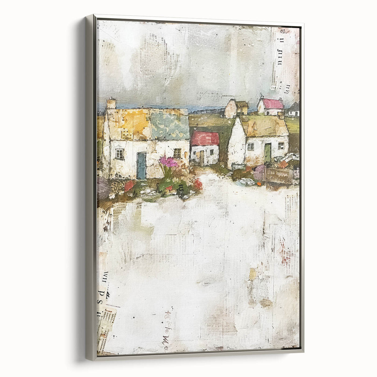 Framed canvas wall art showcasing a modern abstract architecture design with silver accents, viewed from the side, ideal for contemporary home decor.