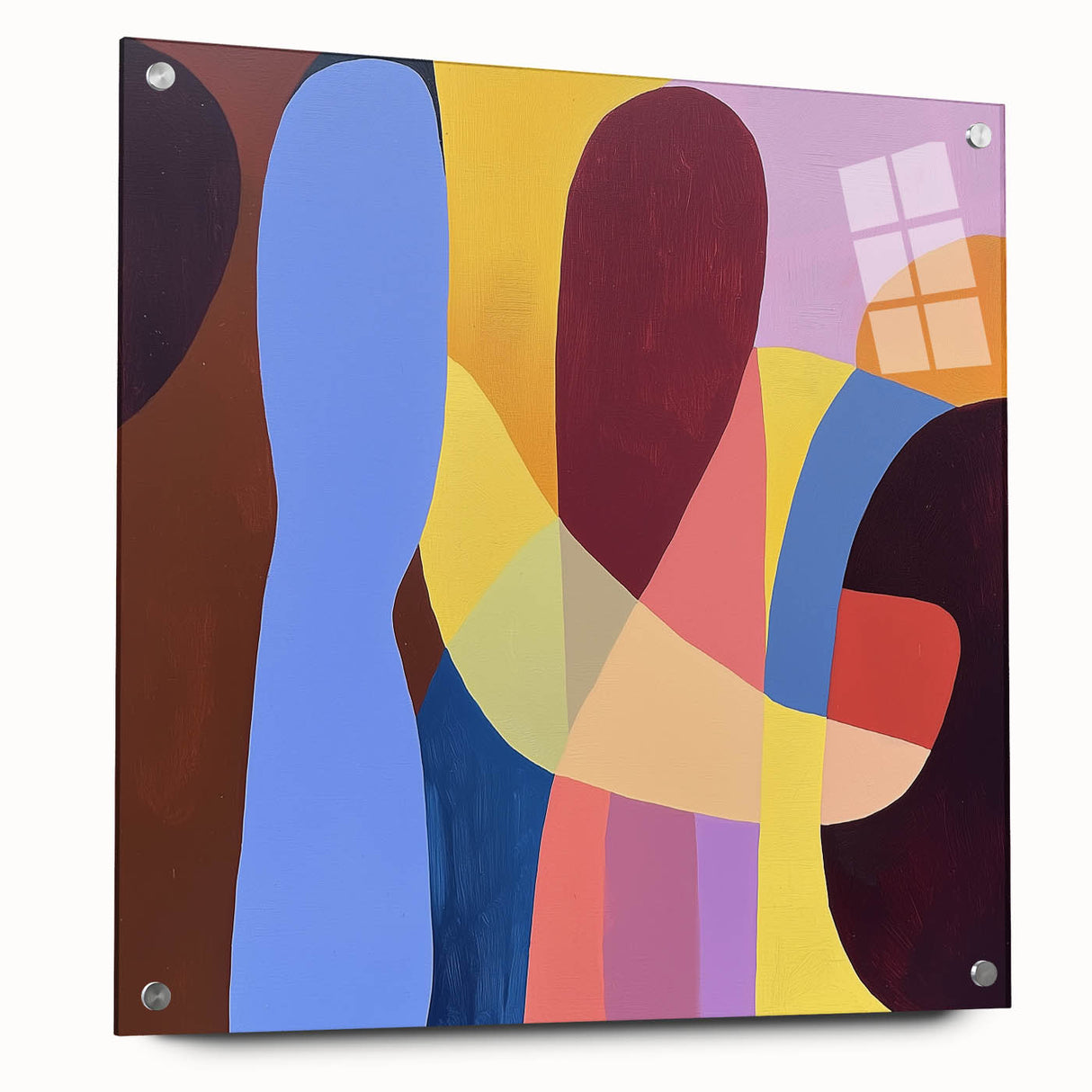 Abstract geometric acrylic glass artwork showcasing vibrant colors and intricate patterns, viewed from the side with decorative pins, perfect for modern decor.