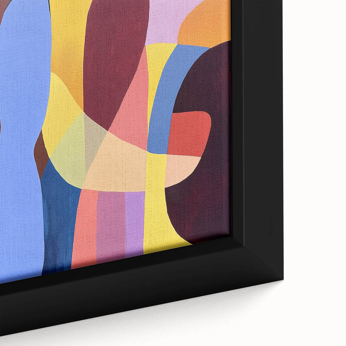 Abstract geometric framed canvas art showcasing vibrant blue, white, and orange colors with intricate patterns, ideal for modern home decor or office spaces.