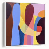 Abstract geometric framed canvas artwork showcasing sharp angles and a minimalist design in a sleek white frame, perfect for modern home decor. The piece highlights a blend of muted colors, adding a contemporary touch to living spaces.