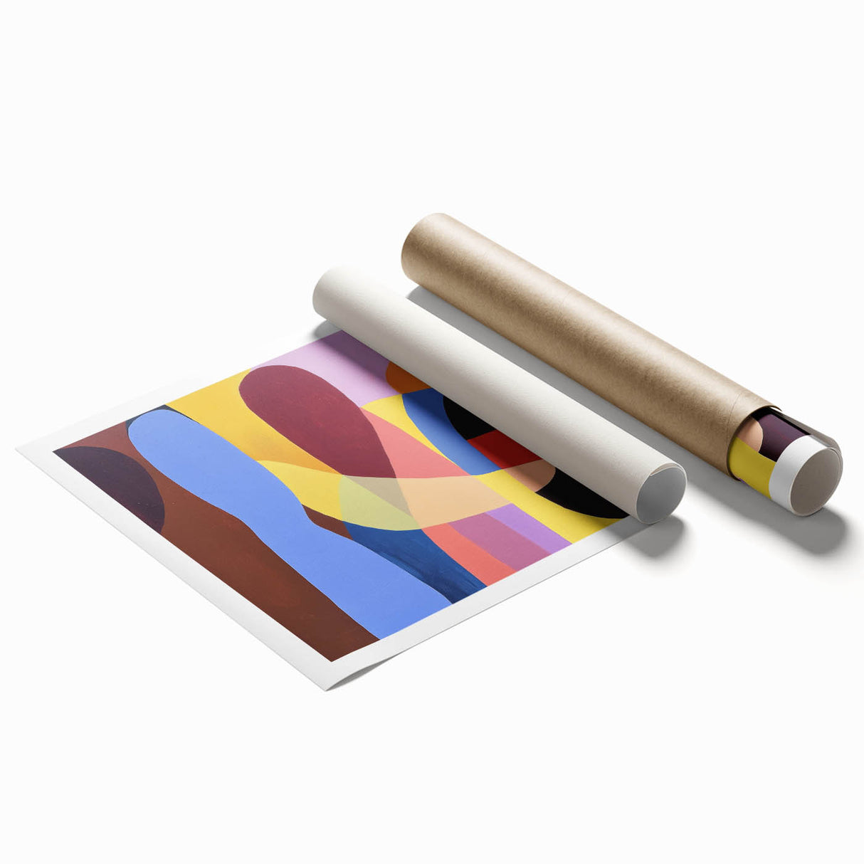 Abstract geometric rolled print showcasing vibrant colors and intricate patterns, designed for modern decor. Packaged securely in a durable cardboard tube for easy transport.