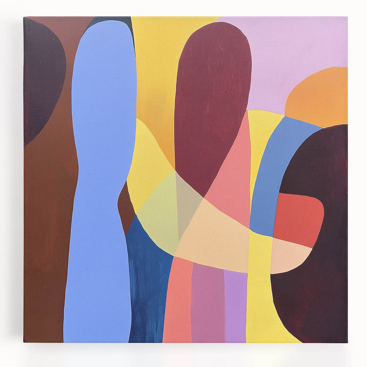 Vibrant abstract geometric stretched canvas featuring bold shapes and colors, ideal for modern decor. Perfect for enhancing artistic spaces with a contemporary touch.