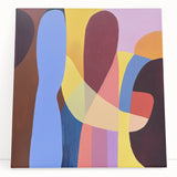 Abstract geometric stretched canvas artwork showcasing vibrant colors and dynamic shapes, perfect for modern interior decor. This piece leans against a neutral wall, adding a contemporary touch to any space.