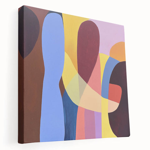 Abstract geometric stretched canvas showcasing vibrant colors and intricate patterns, ideal for modern home decor. Side view highlights its sleek design and professional finish, perfect for adding a contemporary touch to any room.
