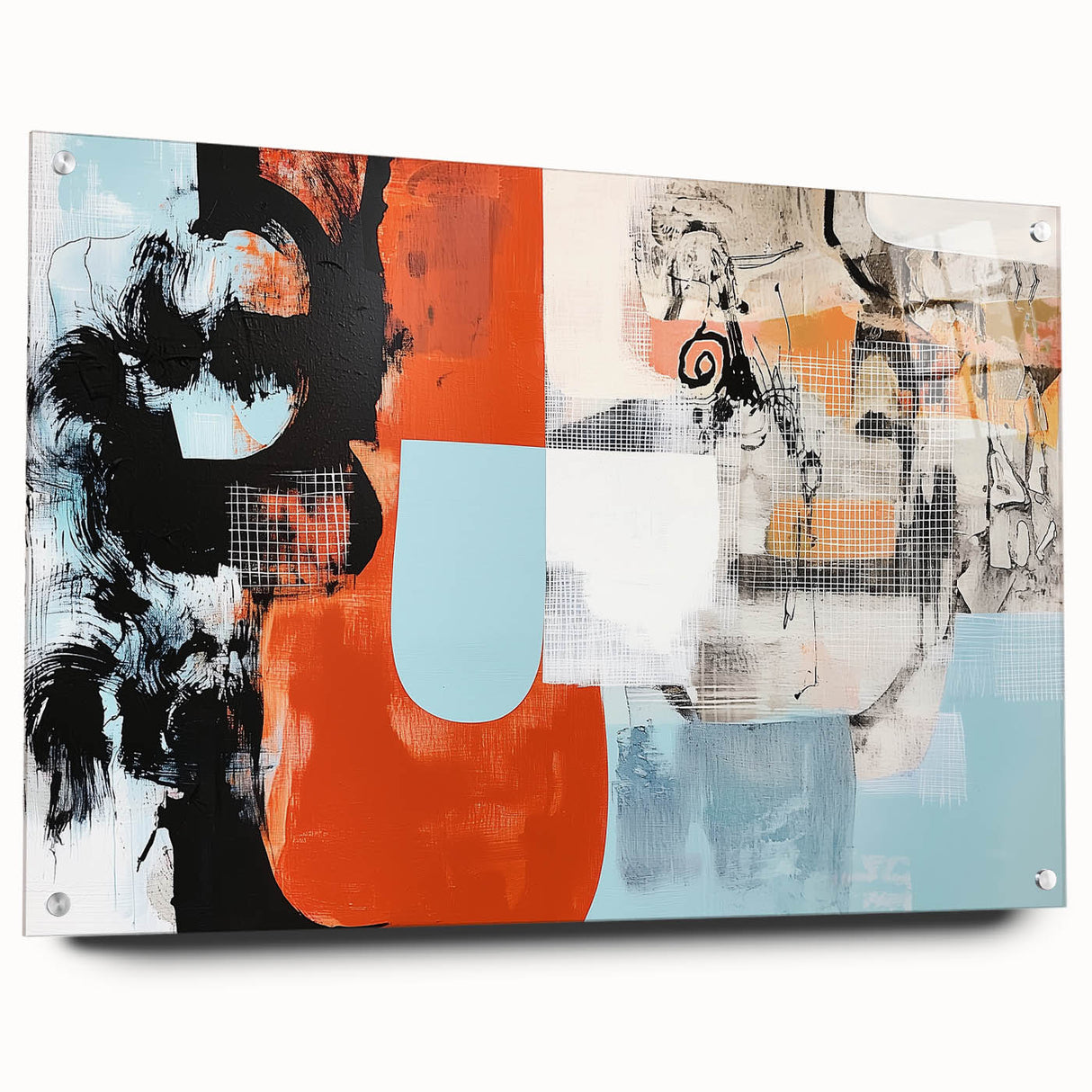Abstract acrylic glass artwork featuring colorful splatter designs, displayed from a side view with visible mounting pins, ideal for modern decor and artistic settings.