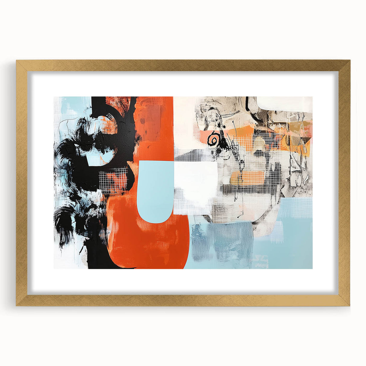 Abstract splatter frame with a gold mat, showcasing vibrant colors and artistic patterns, perfect for modern home decor or gallery display.