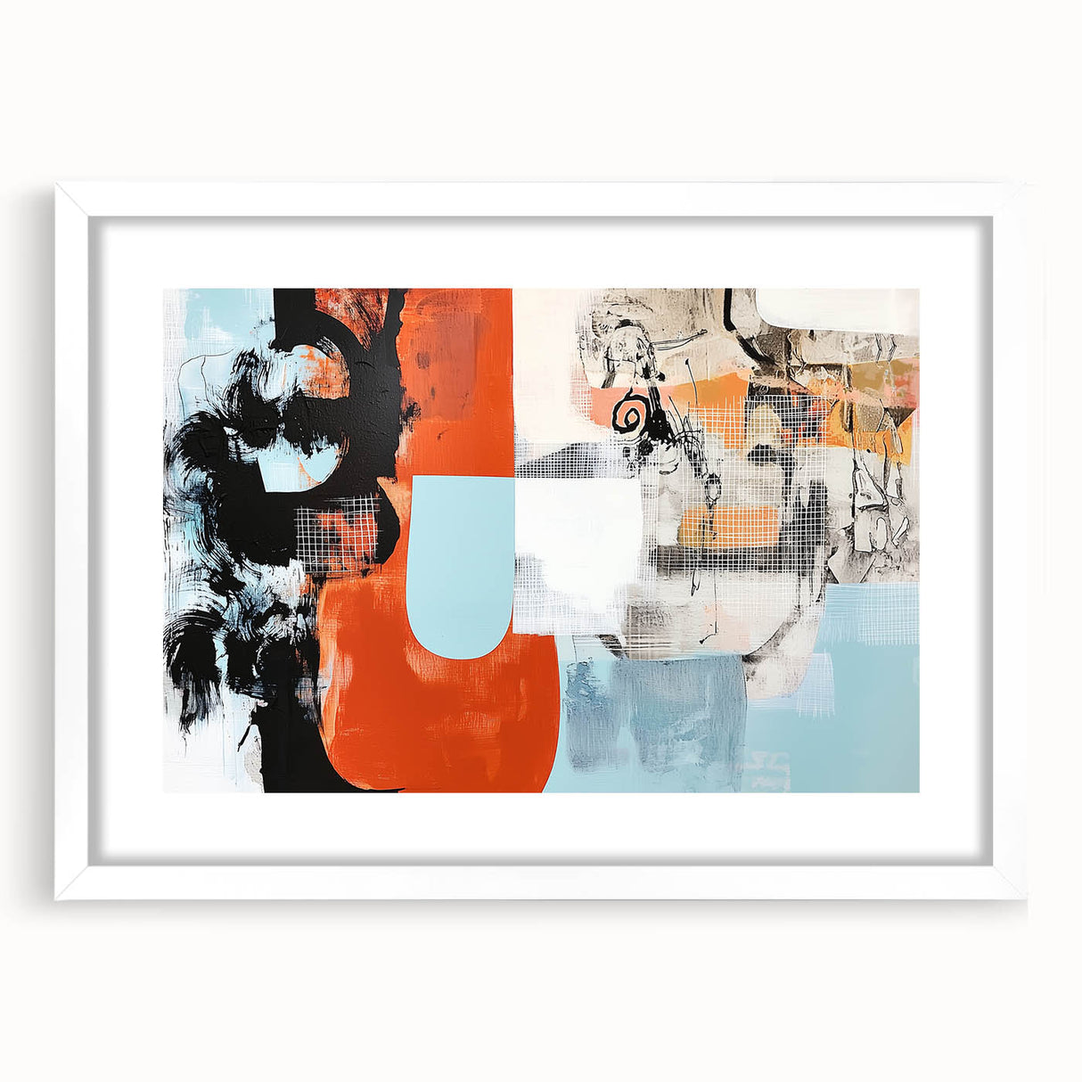 Abstract splatter art frame with a white mat, showcasing vibrant colors and dynamic patterns, perfect for modern home decor or gallery displays. The frame's sleek design enhances the artwork's bold aesthetic, making it an eye-catching addition to any room.