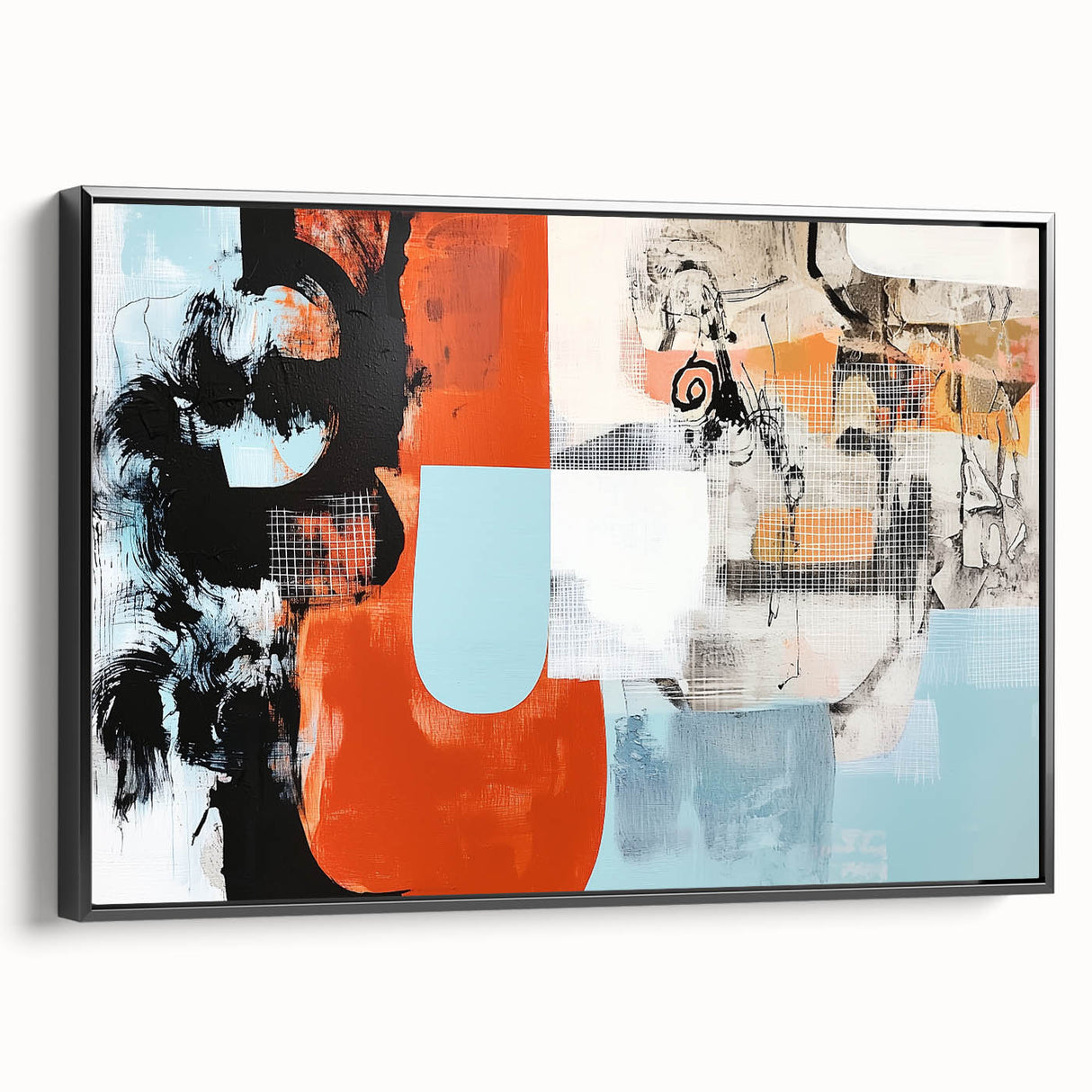 Framed canvas art displaying an abstract splatter design in bold black tones, showcasing a modern aesthetic perfect for contemporary decor.
