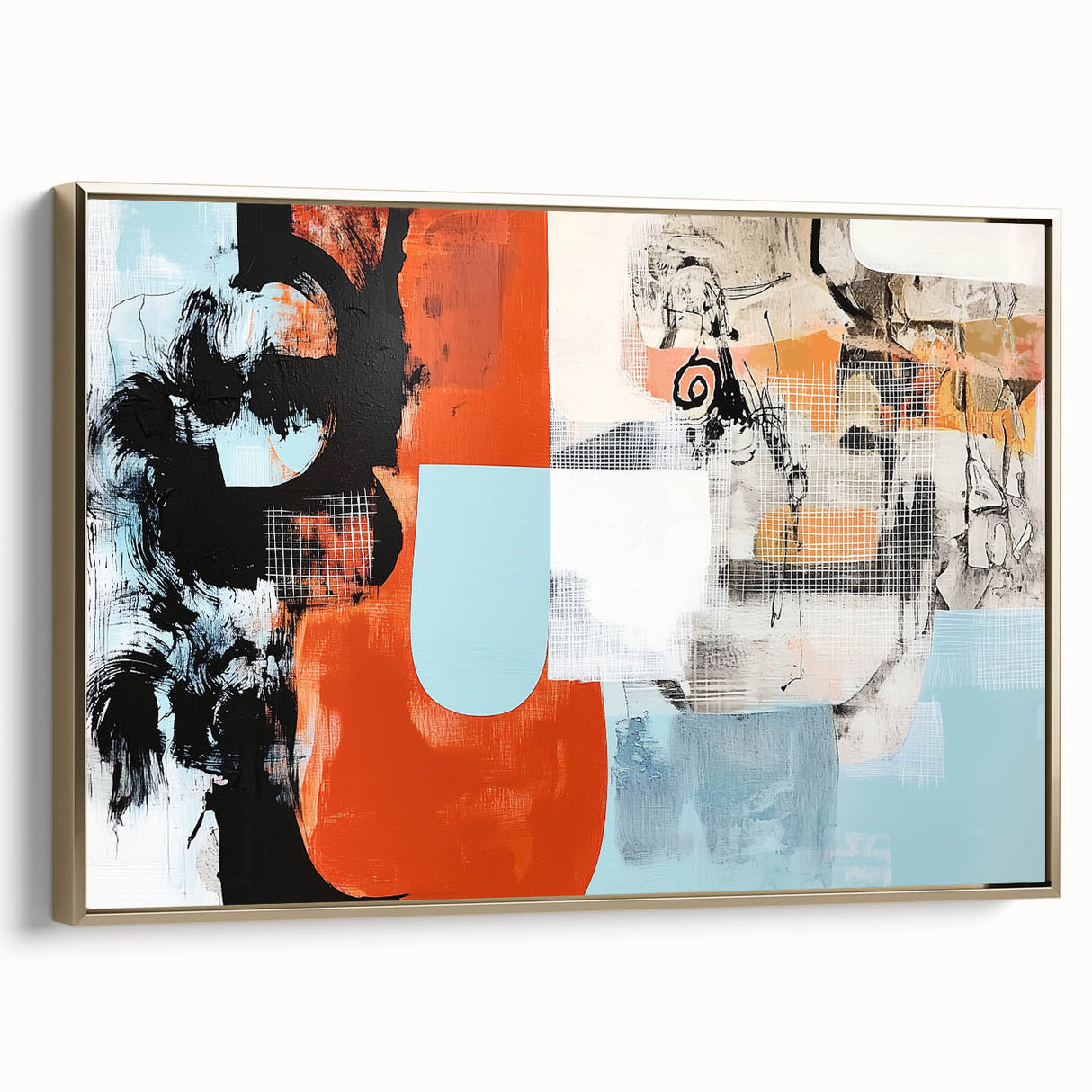 Abstract splatter art on a framed canvas with a gold border, showcasing vibrant colors and dynamic patterns, perfect for modern home decor or office spaces.