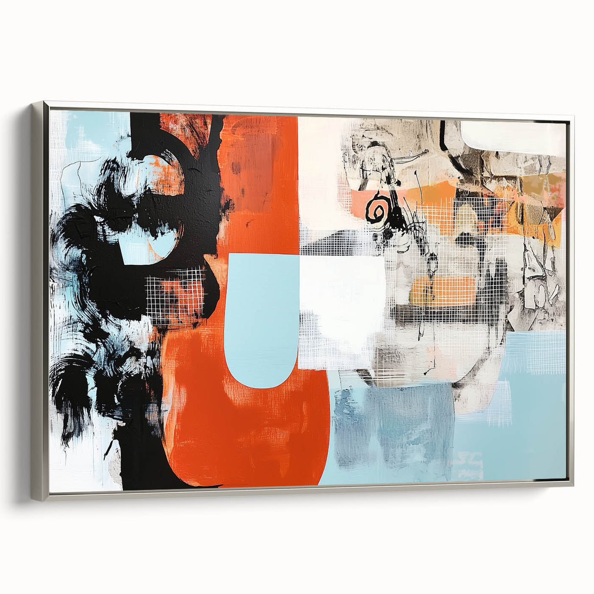 Framed canvas artwork featuring an abstract splatter design in vibrant colors, set against a sleek silver frame, ideal for modern home decor.