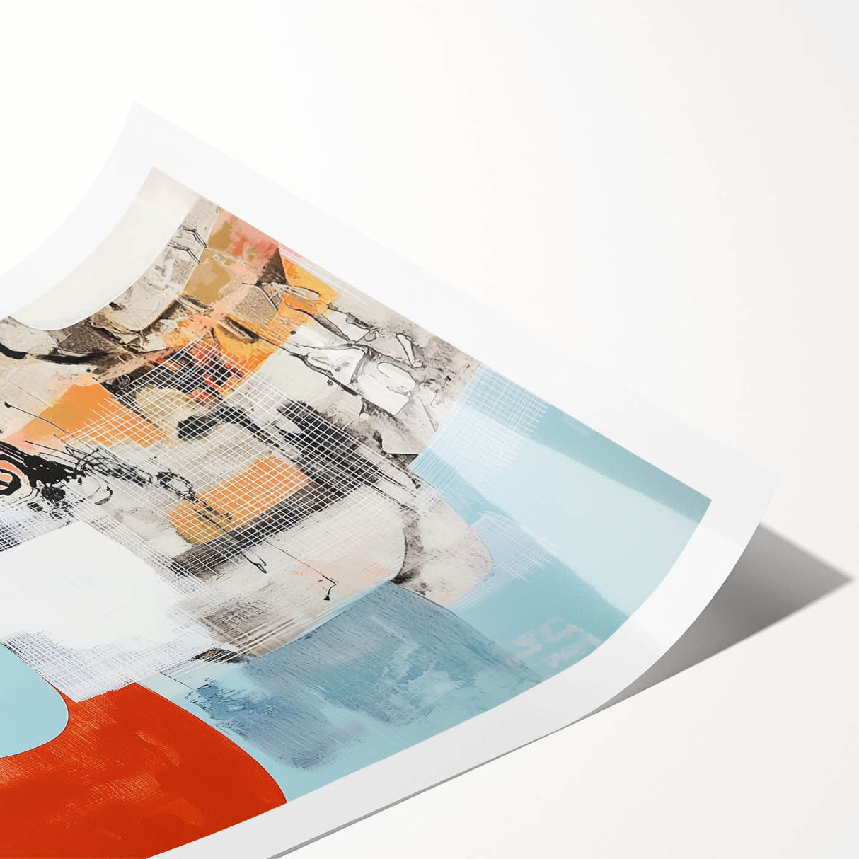 Abstract splatter art print displayed in vibrant hues of blue, orange, and yellow, showcasing a dynamic, textured design ideal for modern home decor or art enthusiasts.