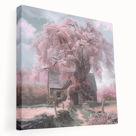 Large art depicting a row of pastel-colored cottages, printed on stretched canvas, suitable for kitchen wall art.