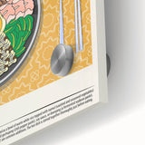 Large abstract wall art featuring an array of colorful food dishes on acrylic glass, ideal for dining room decor.