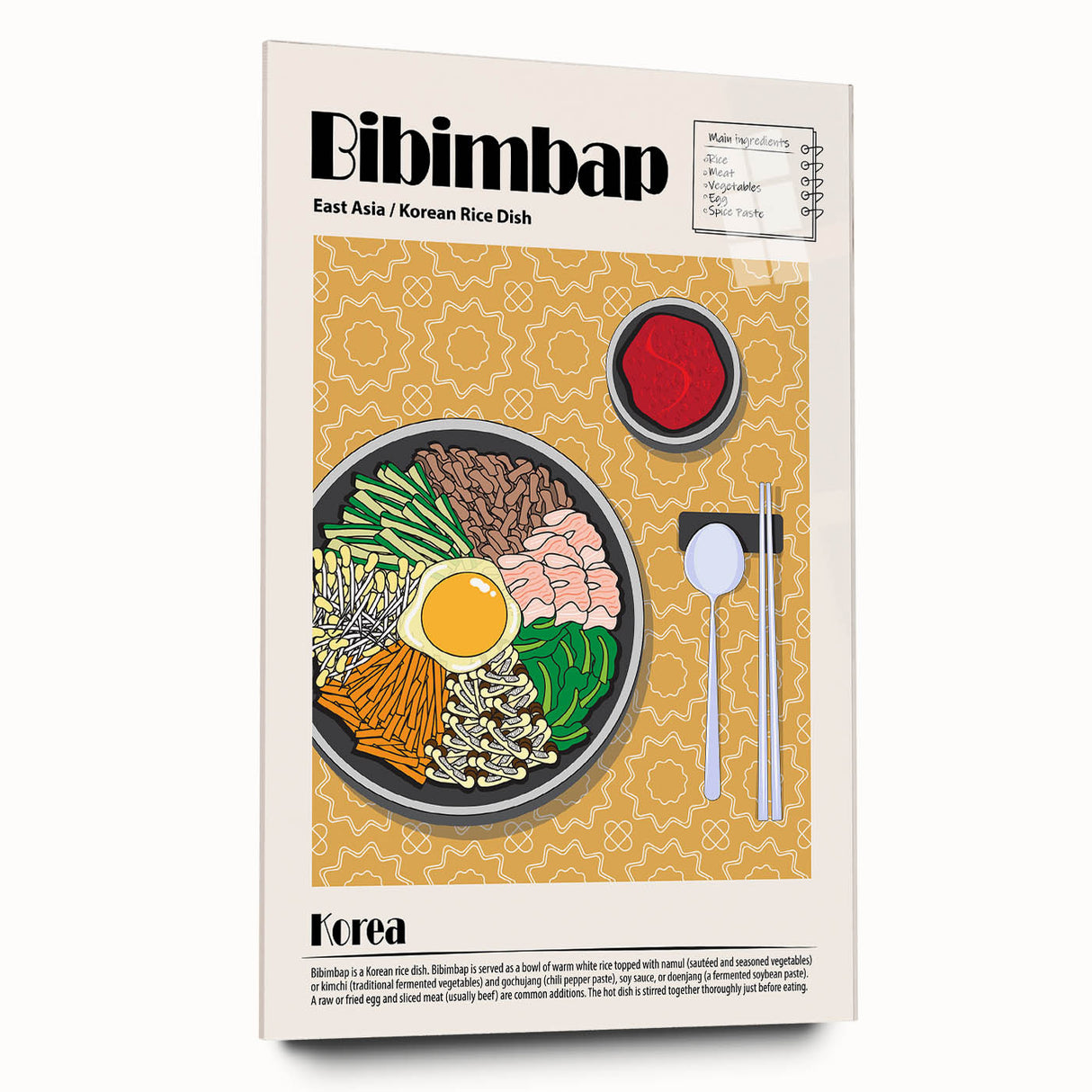Large abstract wall art featuring assorted food dishes in vibrant colors on acrylic glass.