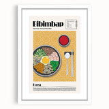 Abstract art print of assorted food dishes in muted earth tones on a white framed mat, ideal for dining room decor.