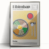 Mid-century modernist art featuring an array of stylized food dishes in pastel colors on a framed acrylic print.