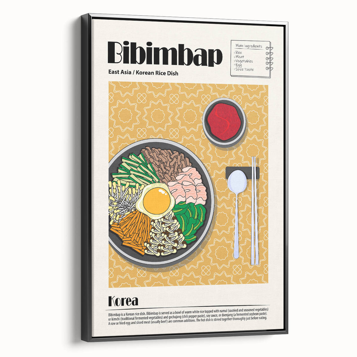 Black and white vintage poster art on framed canvas depicting various food dishes, suitable for bedroom wall decor.
