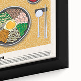 Close-up of extra large framed canvas featuring textured black wall art with colorful food dishes.