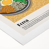 Art deco poster featuring a variety of stylized food dishes in bold colors on a rolled canvas, ideal for dining room decor.