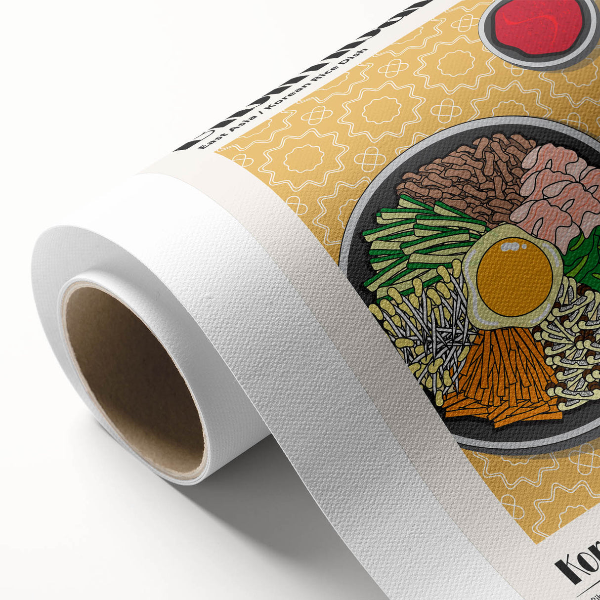 Art deco poster featuring an array of colorful food dishes on rolled canvas, ideal for nursery wall art or dining room decor.