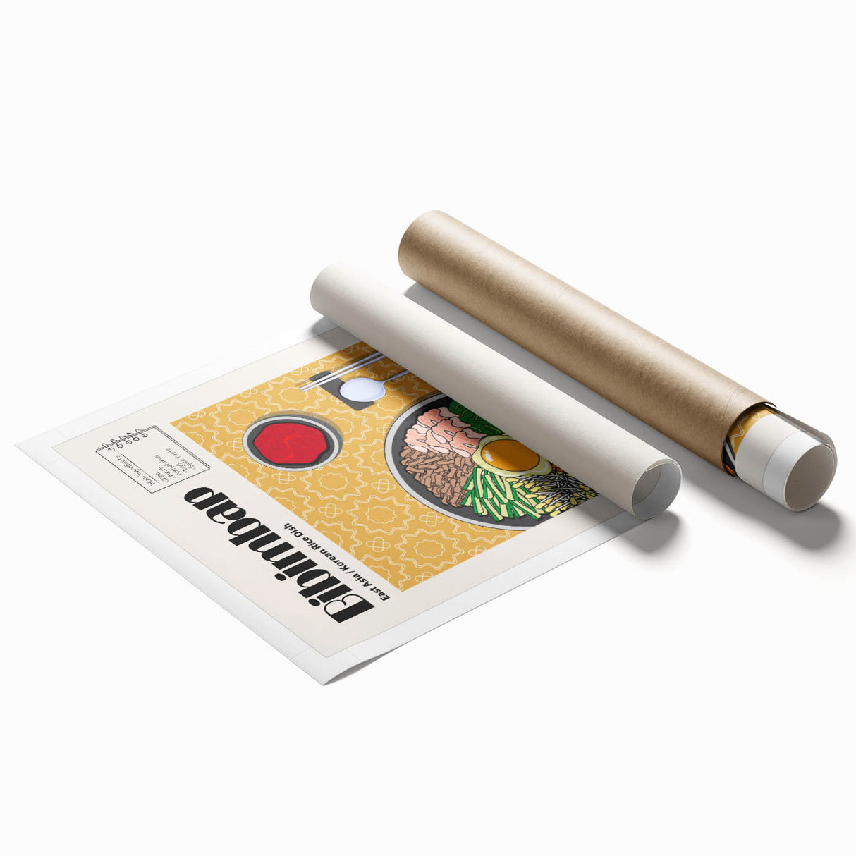Extra large rolled print featuring an array of floral dishes, in soft pastel colors.