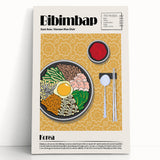 Black and white stretched canvas featuring an array of food dishes, ideal for kitchen wall art.