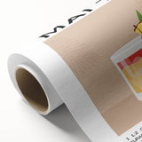 Art deco poster of food and drinks on rolled canvas, featuring muted pastel shades, suitable for dining room wall art.