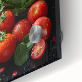 Close-up of large abstract wall art featuring assorted fruits in vibrant colors on acrylic glass, ideal for dining room art.