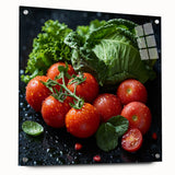 Large abstract wall art featuring assorted fruits in vibrant colors on acrylic glass, suitable for dining room decor.