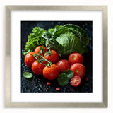 Textured art depicting abstract fruit designs in vibrant colors on a silver-framed mat, ideal for bedroom decor.