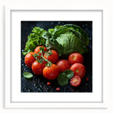 Abstract art print featuring assorted fruits in vibrant colors, framed with a white mat, suitable for dining room decor.