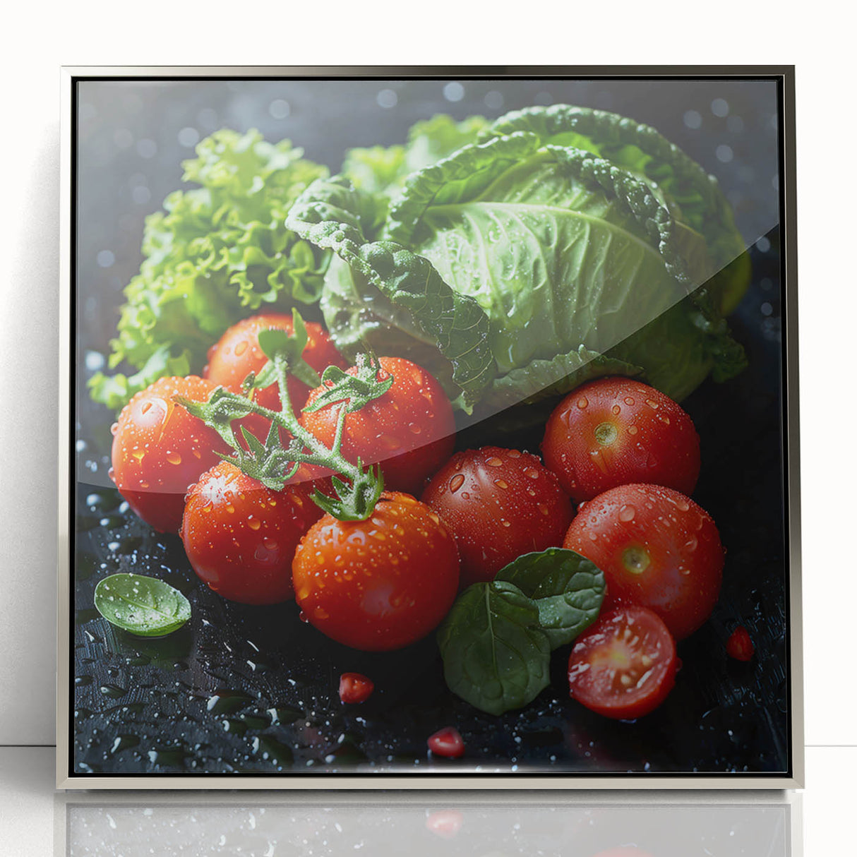 Mid-century modernist art featuring assorted fruits in bold colors on a silver-framed acrylic print.