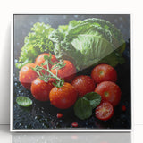 Art deco poster featuring an array of colorful fruits on a white acrylic framed print, suitable for nursery wall art.