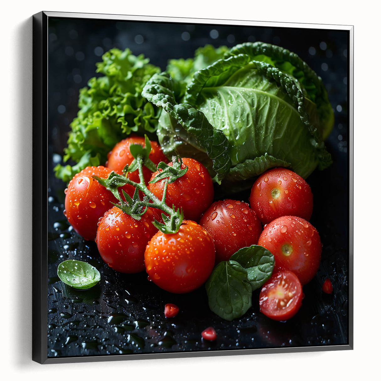 Black and white vintage poster art of assorted fruits on a framed canvas, suitable for bedroom wall decor.
