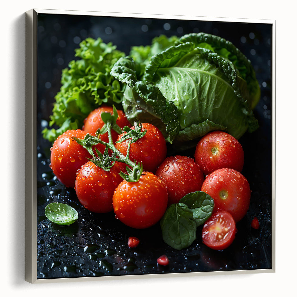 Landscape art painting of colorful fruits on a black background, framed canvas, ideal for kitchen wall decor.