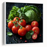 Vintage poster art featuring colorful fruits on a black background, framed canvas ideal for living room decor.