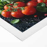 Art deco poster featuring an assortment of colorful fruits on rolled canvas, suitable for dining room wall art.