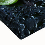 Large art of a black and white landscape painting featuring assorted fruits, on stretched canvas.