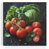 Large black and white canvas of assorted fruits, ideal for kitchen wall art.